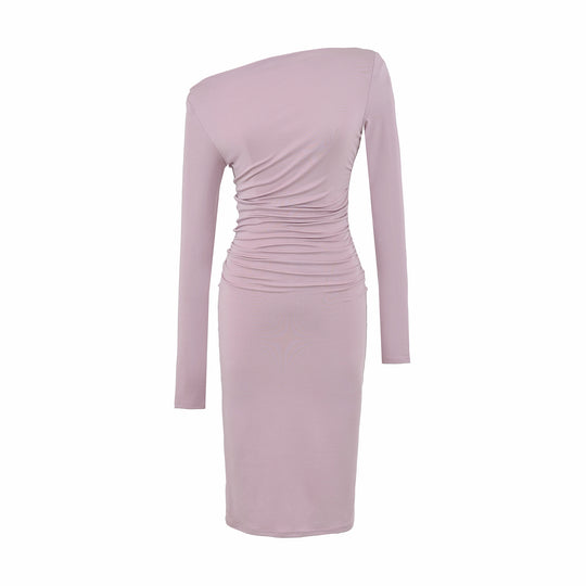 Damen Asymmetrisches Ein-Schulter-Midikleid mit Raffung und Langarm Shop Nory