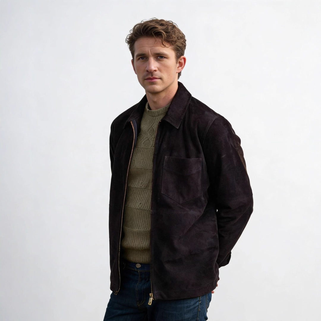Herren Velourslederjacke mit Reißverschluss und Hemdkragen Shop Nory