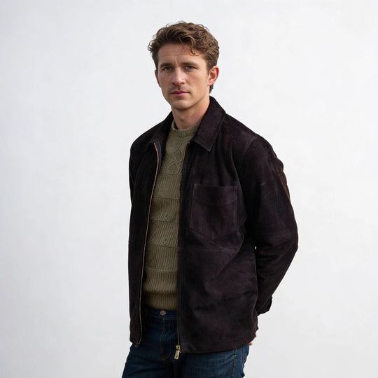 Herren Velourslederjacke mit Reißverschluss und Hemdkragen Shop Nory