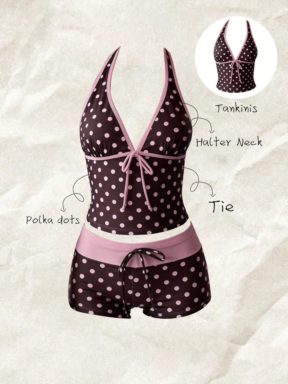 Damen Tankini mit modischem Punktmuster und verstellbarem Halter