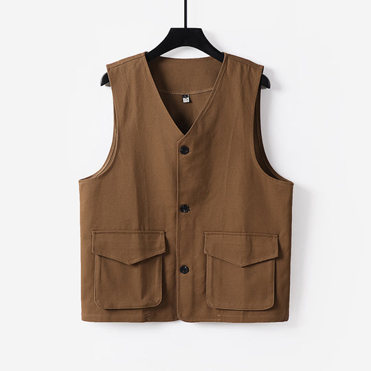 Herren Utility-Weste mit V-Ausschnitt, Knopfleiste und aufgesetzten Klappentaschen Shop Nory