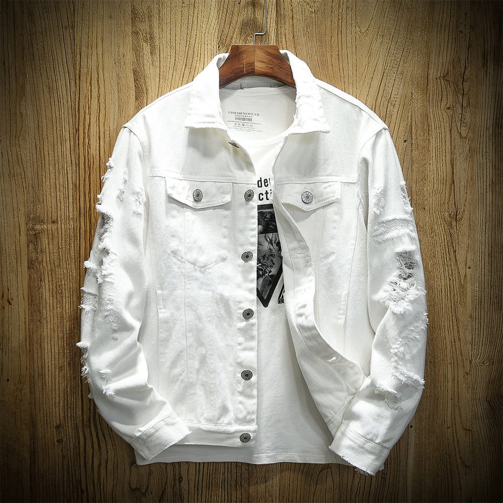 Unisex zerrissene Jeansjacke mit weitem Schnitt und aufgesetzten Brusttaschen Shop Nory