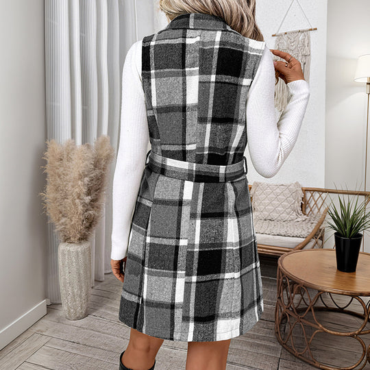 Damen Karierte Langjacke ohne Ärmel Shop Nory