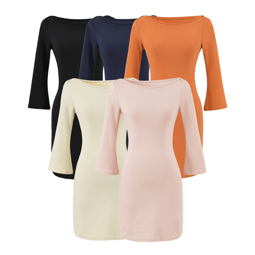 Damen Figurnahes Midikleid mit weitem Rundhals und Glockenärmeln Shop Nory