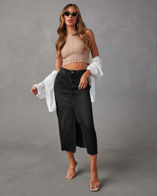 Damen Lässiger Denim Rock mit seitlichem Schlitz und fransigem Saum