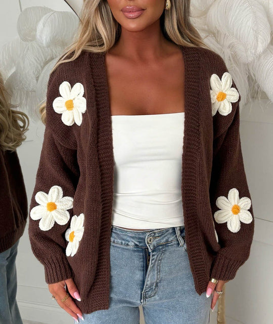 Damen Oversize-Strickcardigan mit 3D-Blumenapplikationen und geripptem Saum Shop Nory