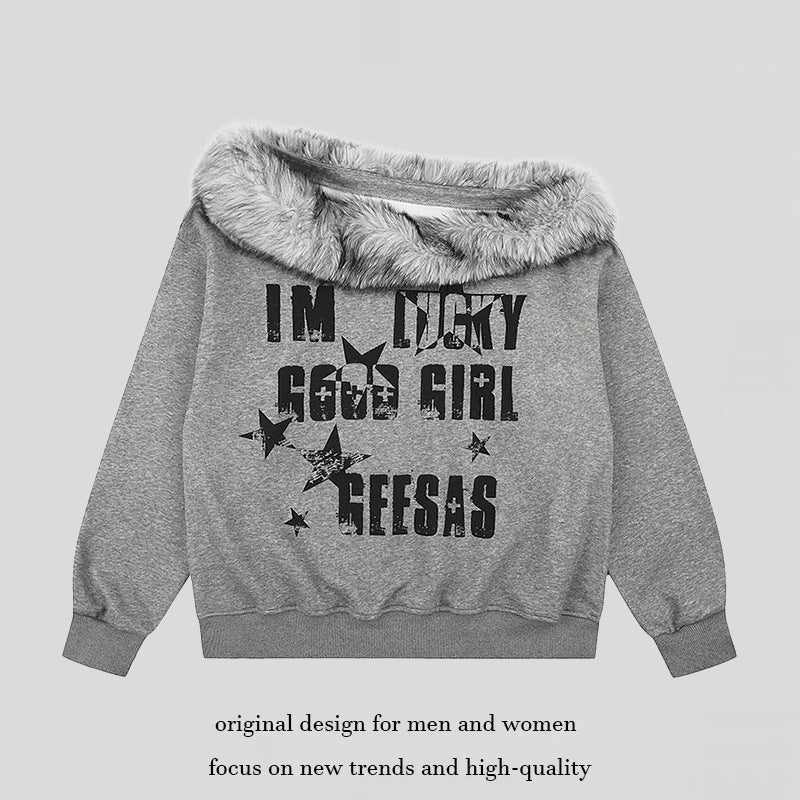 Damen Off-Shoulder Oversize-Sweatshirt mit kuscheligem Faux-Fur-Kragen und distressed Stern-Print Shop Nory