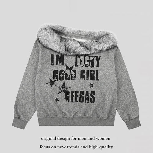 Damen Off-Shoulder Oversize-Sweatshirt mit kuscheligem Faux-Fur-Kragen und distressed Stern-Print Shop Nory
