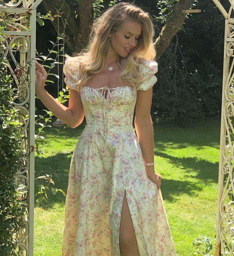 Damen Maxi-Kleid mit Puffärmeln und floralem Design