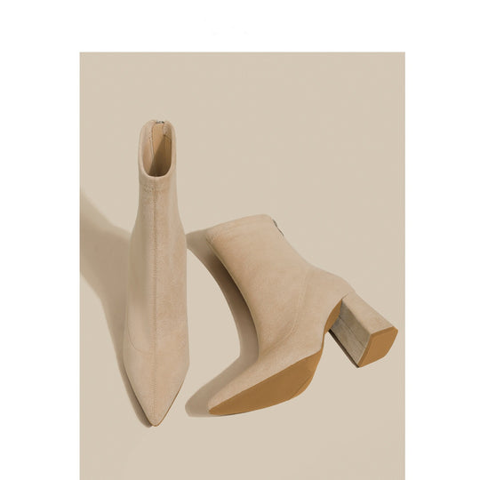 Damen Spitze Sock‑Ankle‑Boots mit skulpturellem Blockabsatz und Stretch‑Veloursoptik Shop Nory