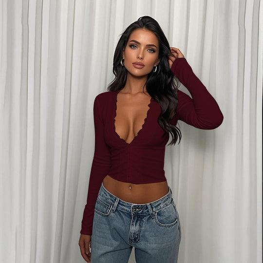 Damen tailliertes Crop-Top mit tiefem V-Ausschnitt und Spitzenbesatz Shop Nory