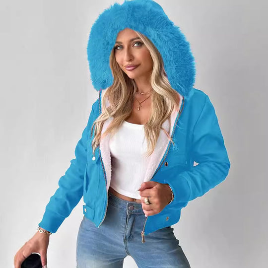 Damen Kurzblouson Winterjacke mit Teddyfutter und abnehmbarer Kunstfellkapuze Shop Nory