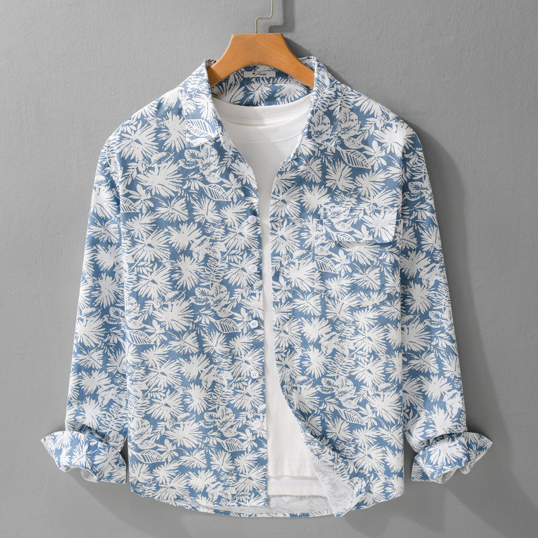 Damen Leichtes Blumenprint-Overshirt aus Leinen-Baumwollmix mit Kentkragen und Brusttasche Shop Nory
