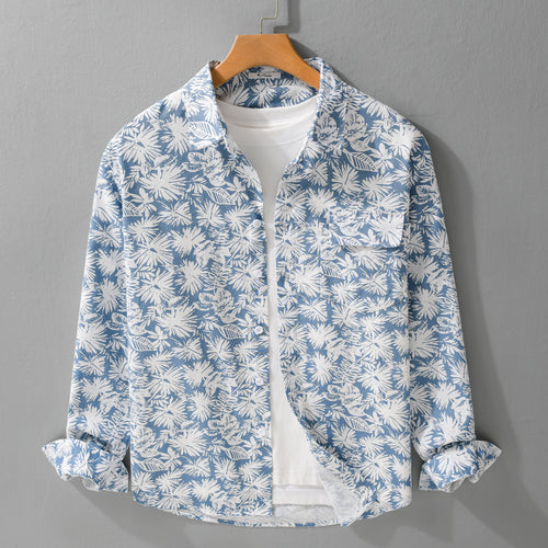Damen Leichtes Blumenprint-Overshirt aus Leinen-Baumwollmix mit Kentkragen und Brusttasche Shop Nory