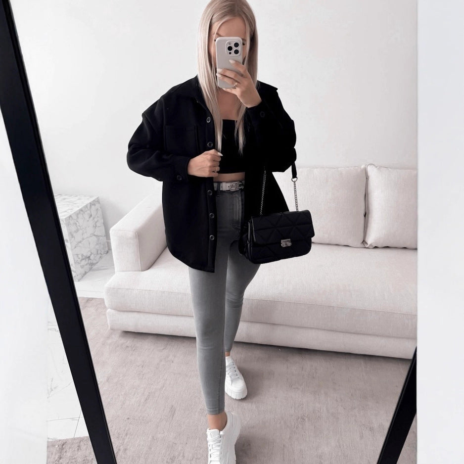 Damen Oversized Hemdjacke Shacket aus weichem Wollmix mit aufgesetzten Brusttaschen Shop Nory