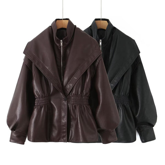 Damen Kunstlederjacke mit XXL-Schalkragen, Taillengummierung und Ballonärmeln Shop Nory