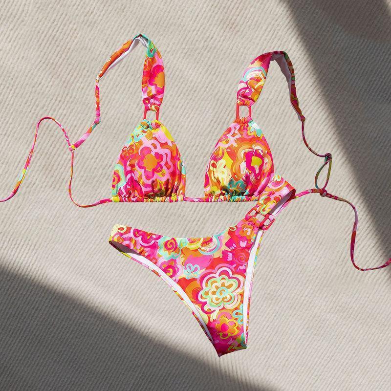 Damen Dreieck-Bikini mit verstellbaren Trägern und auffälligem Blumenmuster Shopnory