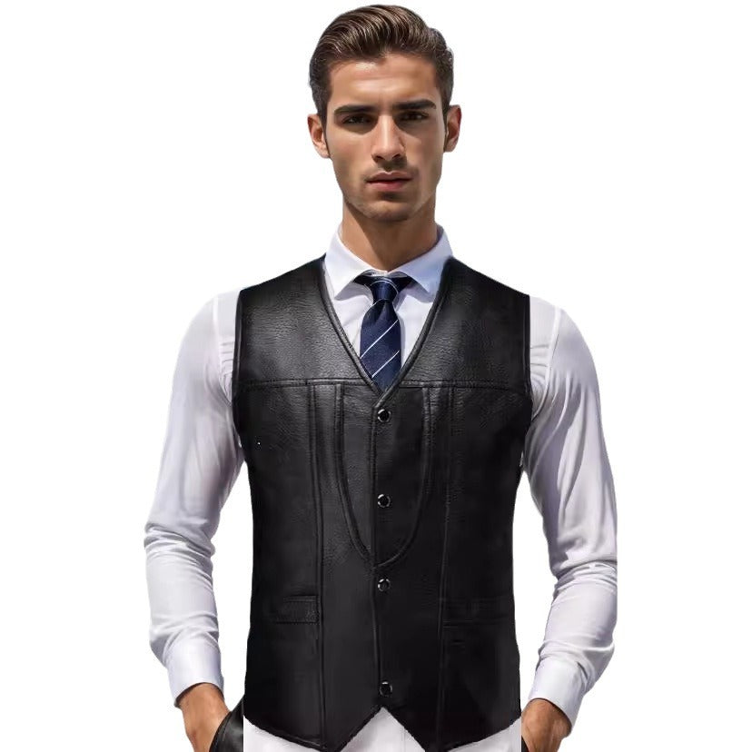 Herren Ärmellose Taillierte Lederweste mit V‑Ausschnitt, Ziernähten und Knopfleiste Shop Nory