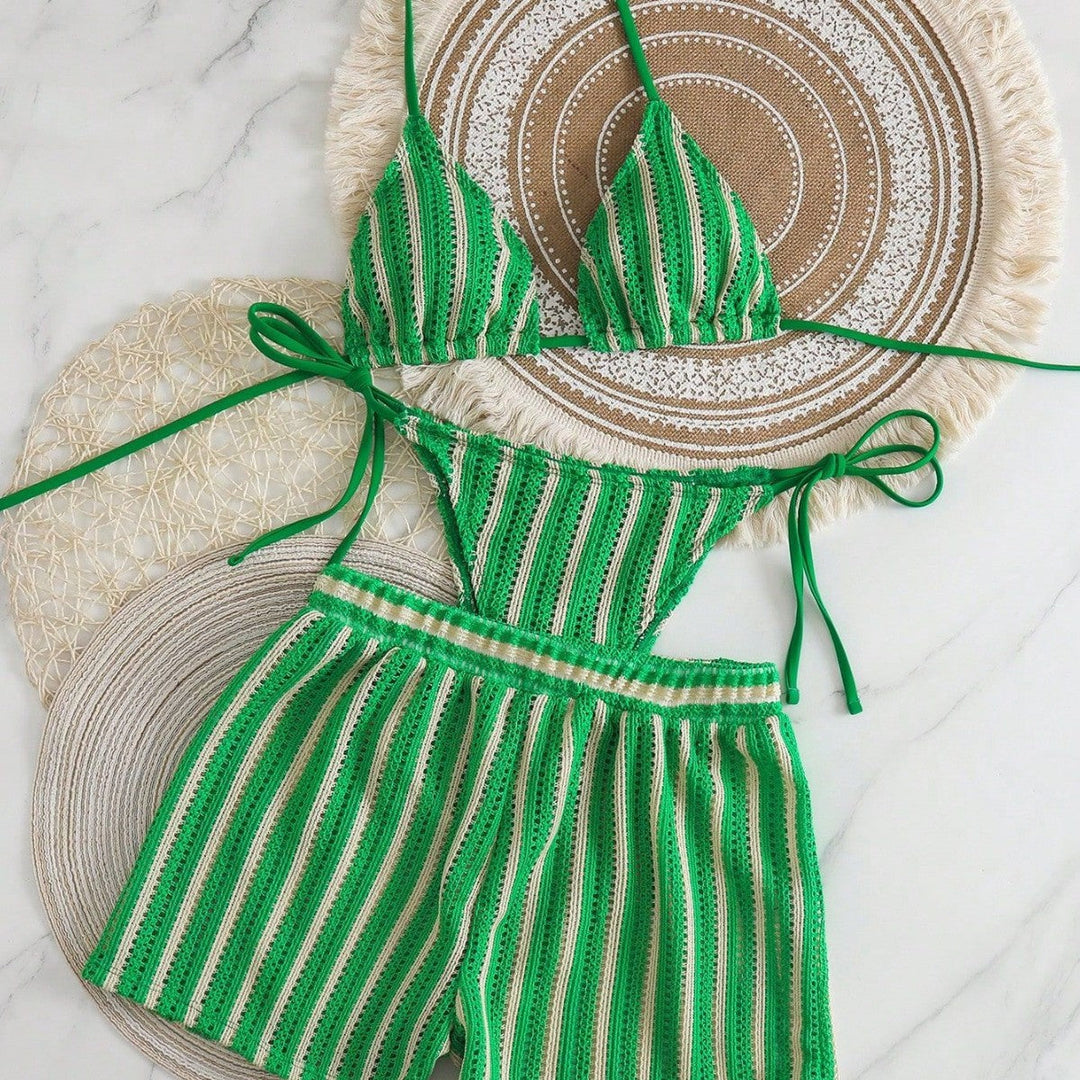 Damen Bikini-Set mit gerafftem Oberteil und hoch taillierten Shorts
