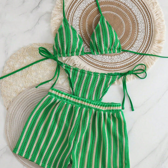 Damen Bikini-Set mit gerafftem Oberteil und hoch taillierten Shorts