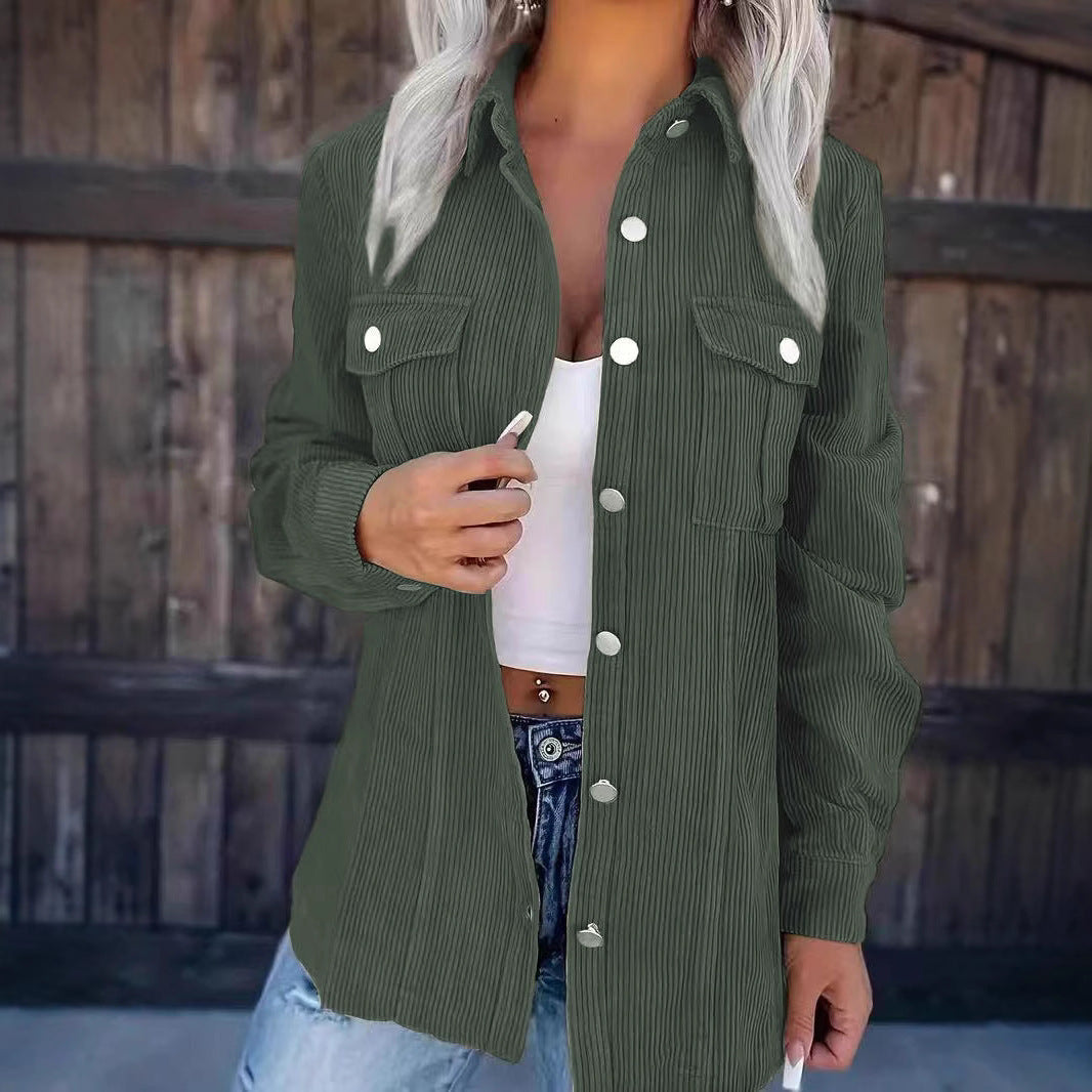 Damen Longline-Cordhemdjacke mit Brustklappen und Druckknopfleiste Shop Nory