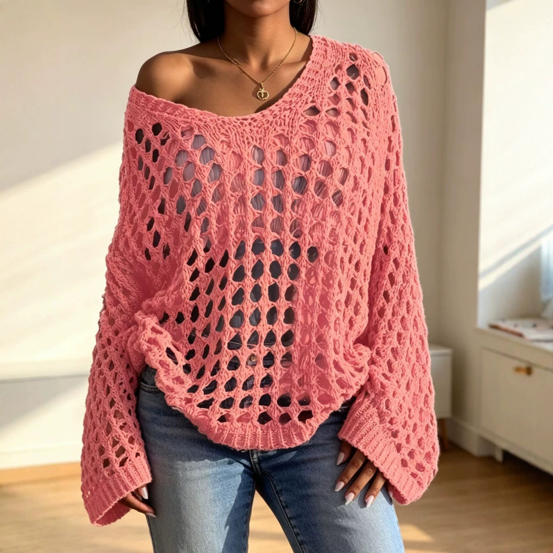 Damen Lockerer gehäkelter Oversize-Ajour-Pullover mit V-Ausschnitt Shop Nory