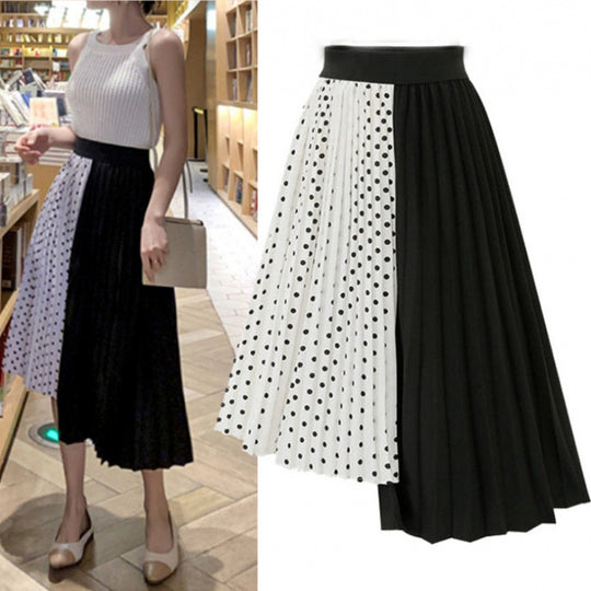 Damen Asymmetrischer Plissee-Midirock mit Tupfen-Panel und elastischem Bund Shop Nory