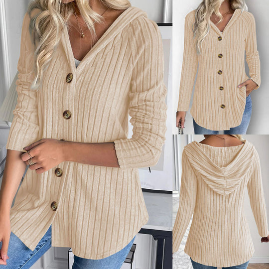 Damen Gerippte Kapuzen-Cardigan-Bluse mit Holzknopfleiste und gerafften Ärmeln Shop Nory
