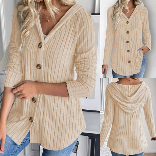 Damen Gerippte Kapuzen-Cardigan-Bluse mit Holzknopfleiste und gerafften Ärmeln Shop Nory