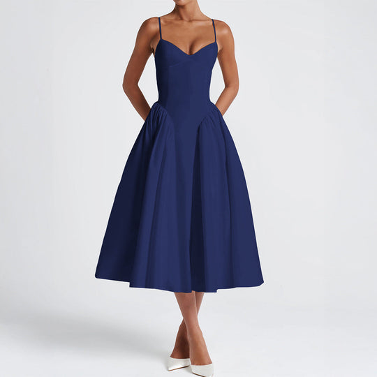 Damen A-linien Abendkleid mit verstellbaren Spaghettiträgern und schwingendem Rock