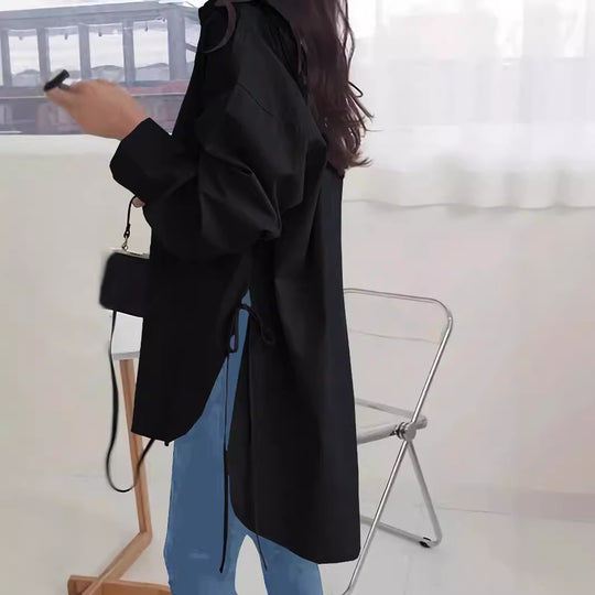 Damen Oversize-Longbluse mit Tunnelzugseiten, extralangen Manschetten und Hemdkragen Shop Nory