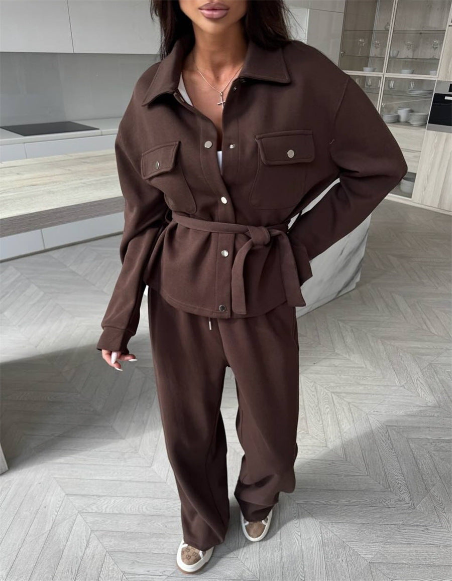 Damen Zweiteiliges Loungewear-Set mit tailliertem Blouson, Bindegürtel und weiter Palazzo-Hose Shop Nory