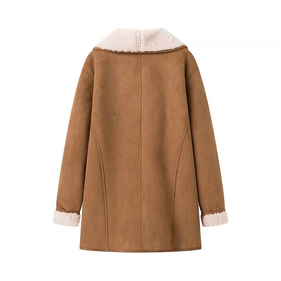 Damen Midimantel aus Lammfellimitat mit voluminösem Schalkragen und Knopfverschluss Shop Nory