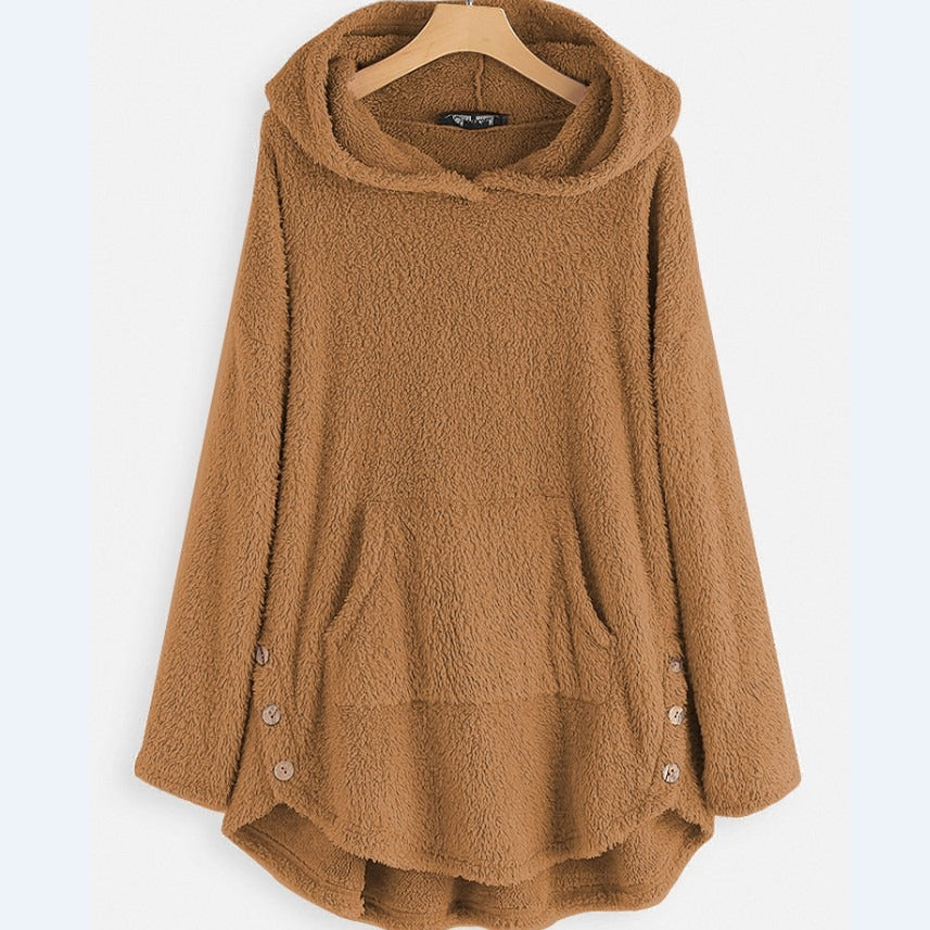 Damen nan kuscheliger Teddy-Kapuzenpullover mit Kängurutasche, Knopfleiste an den Seiten und abgerundetem Saum Shop Nory