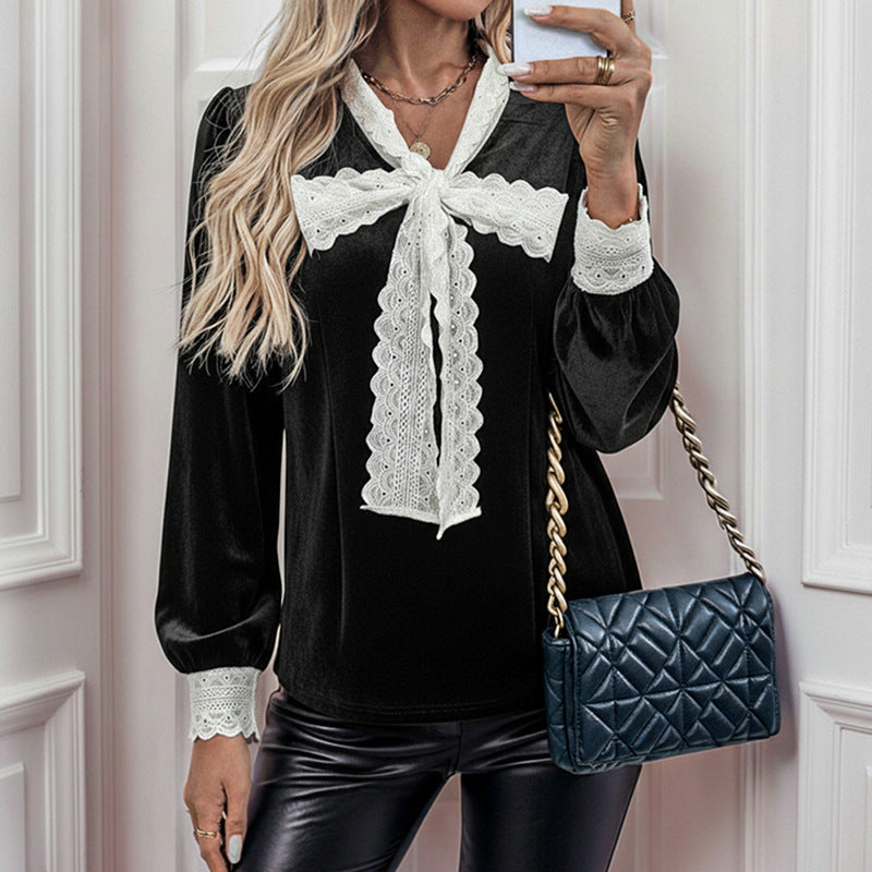 Damen Samtbluse mit Spitzen-Schleifenkragen und Spitzenmanschetten Shop Nory