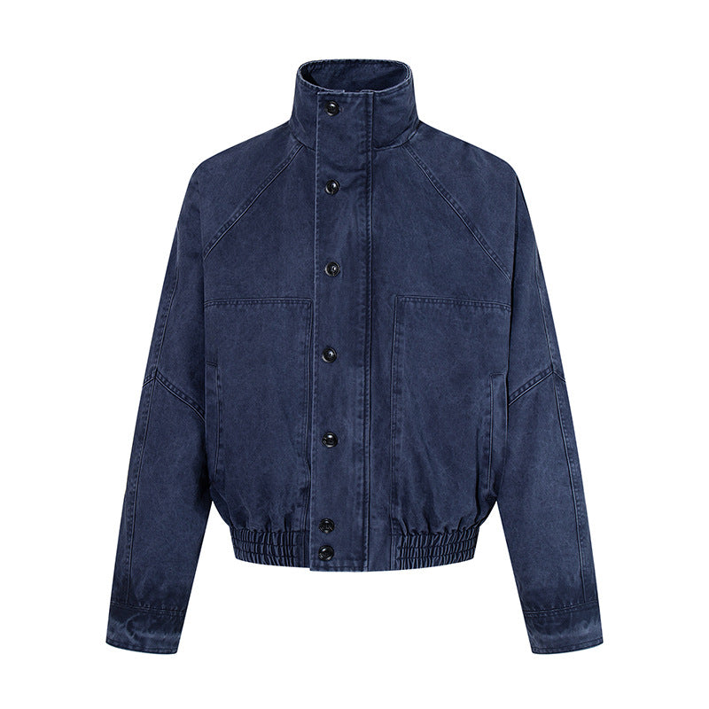 Damen kurze Oversize-Bomberjacke mit Stehkragen, Knopfleiste und elastischem Saum Shop Nory