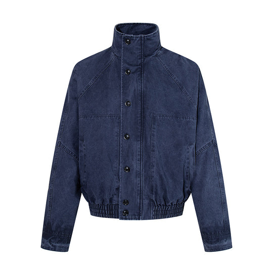 Damen kurze Oversize-Bomberjacke mit Stehkragen, Knopfleiste und elastischem Saum Shop Nory