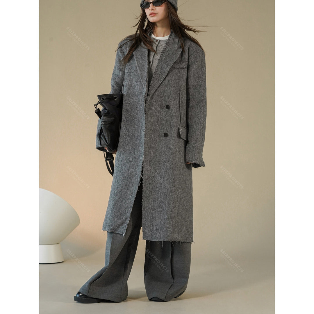 Damen Boxy Langmantel aus Wollmix mit ausgefransten Kanten und Doppelreiher Shop Nory