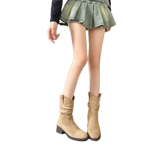 Damen Slouch-Stiefel aus Veloursleder mit gerafftem Schaft Shop Nory