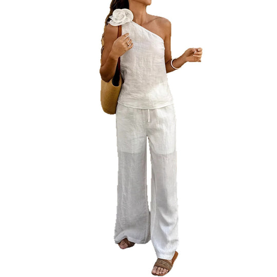 Damen Einschultriger Leinen-Jumpsuit mit Zier-Rosette und weitem Bein Shop Nory