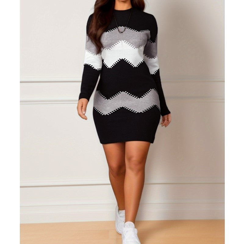 Frauen Figurbetont Strick Mini Kleid mit langen Ärmeln und Zickzack-Muster Shop Nory