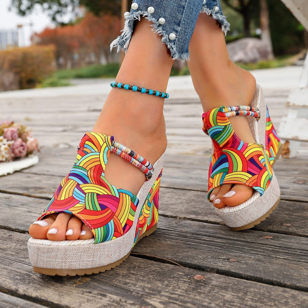 Damen modische Wedge-Sandalen mit buntem Mustermix und bequemer Sohle