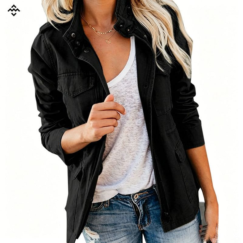 Damen leichte Feldjacke im Utility-Stil mit Stehkragen und Mehrfachtaschen Shop Nory