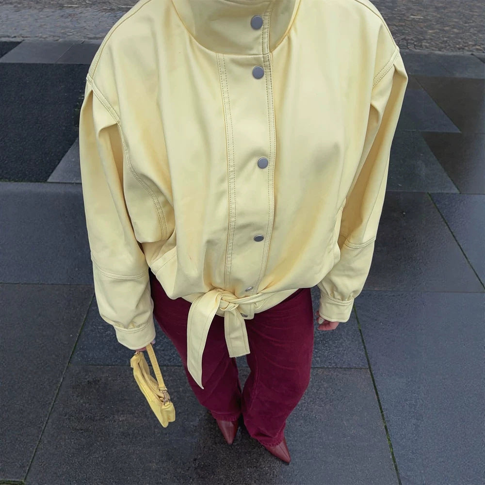 Damen Kurze taillierte Jacke mit Stehkragen, Puffärmeln und Bindegürtel Shop Nory