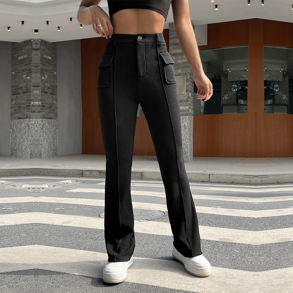 Damen hochgeschnittene Cargo-Hose mit frontnaht, ausgestelltem Bein und aufgesetzten Pattentaschen Shop Nory