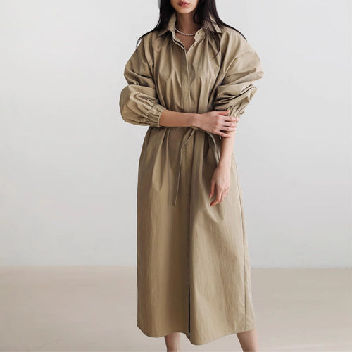 Damen Hemdkleid mit Taillengürtel, Stehkragen und Ballonärmeln Shop Nory