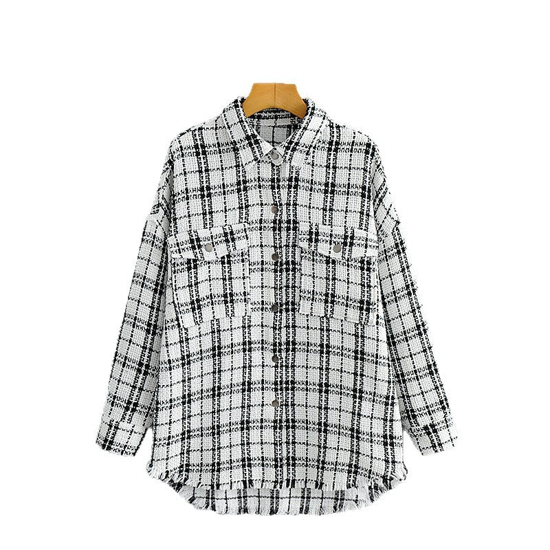 Damen Oversized Tweed-Hemdjacke mit Brusttaschen und fransigem Saum Shop Nory