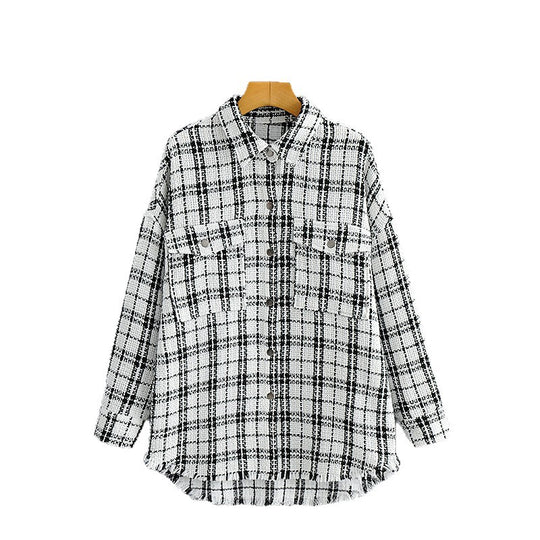 Damen Oversized Tweed-Hemdjacke mit Brusttaschen und fransigem Saum Shop Nory