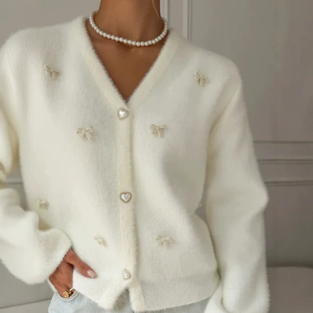 Damen Flauschige Strickjacke mit Herzknöpfen Shop Nory
