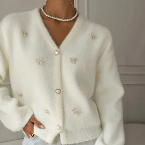 Damen Flauschige Strickjacke mit Herzknöpfen Shop Nory